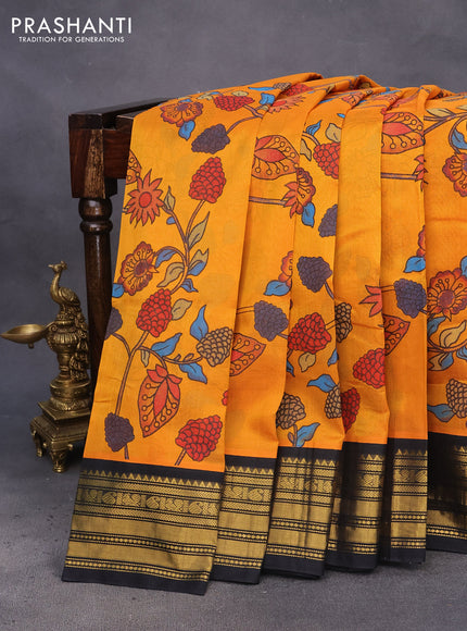 Silk cotton saree mustard yellow and black with allover kalamkari prints and zari woven korvai border