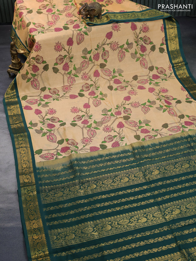 Silk cotton saree sandal and green with allover kalamkari prints and zari woven korvai border