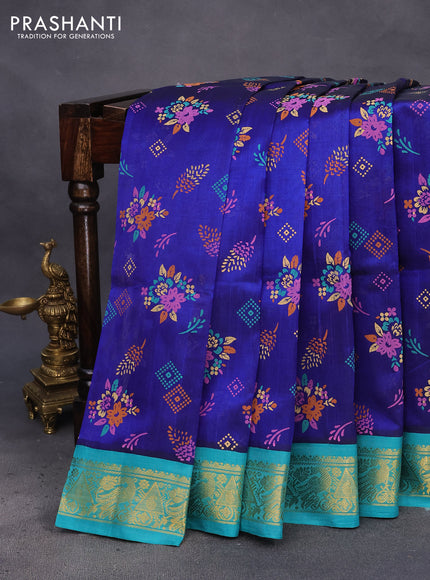 Silk cotton saree blue and teal blue with allover kalamkari prints and zari woven korvai border