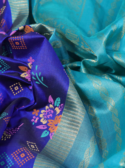 Silk cotton saree blue and teal blue with allover kalamkari prints and zari woven korvai border