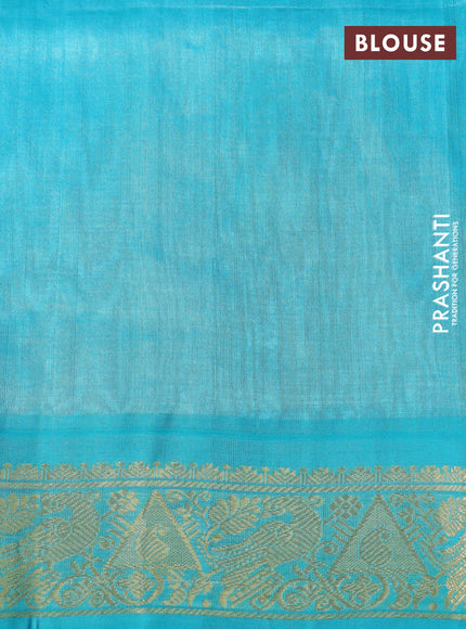 Silk cotton saree blue and teal blue with allover kalamkari prints and zari woven korvai border