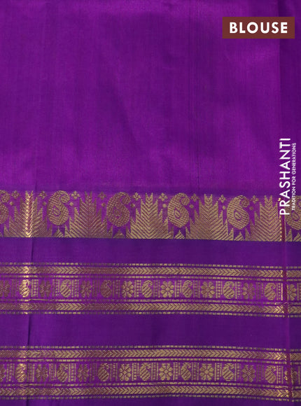 Silk cotton saree lime yellow and purple with allover kalamkari prints and rettapet zari woven korvai border