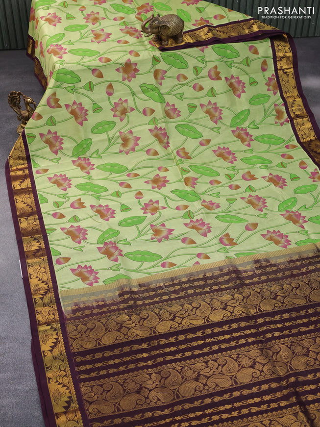 Silk cotton saree pista green and wine shade with allover kalamkari prints and zari woven korvai border