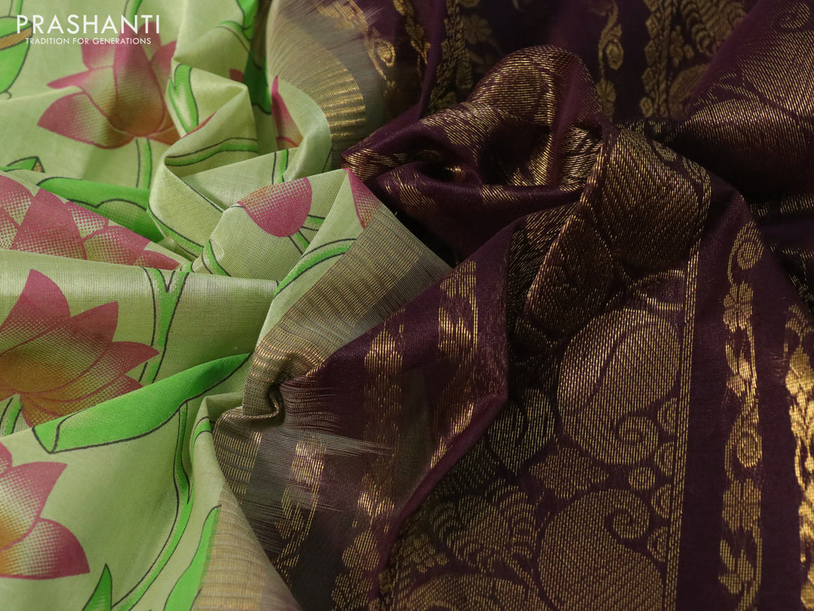 Silk cotton saree pista green and wine shade with allover kalamkari prints and zari woven korvai border