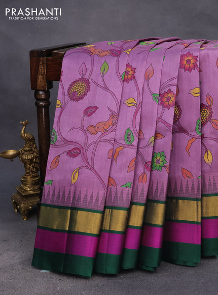 Silk cotton saree lavender shade and bottle green with allover kalamkari prints and temple deisgn zari woven korvai border