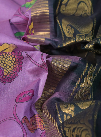 Silk cotton saree lavender shade and bottle green with allover kalamkari prints and temple deisgn zari woven korvai border