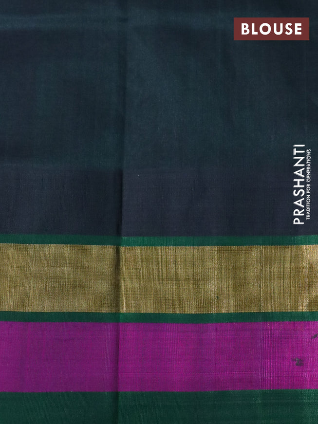 Silk cotton saree lavender shade and bottle green with allover kalamkari prints and temple deisgn zari woven korvai border