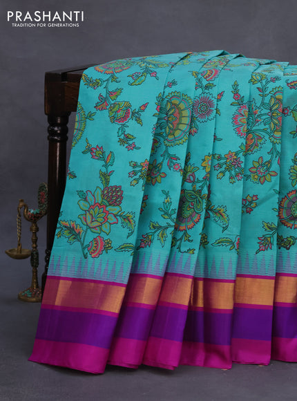 Silk cotton saree light blue and purple with allover kalamkari prints and temple deisgn zari woven simple border