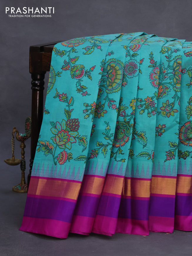 Silk cotton saree light blue and purple with allover kalamkari prints and temple deisgn zari woven simple border