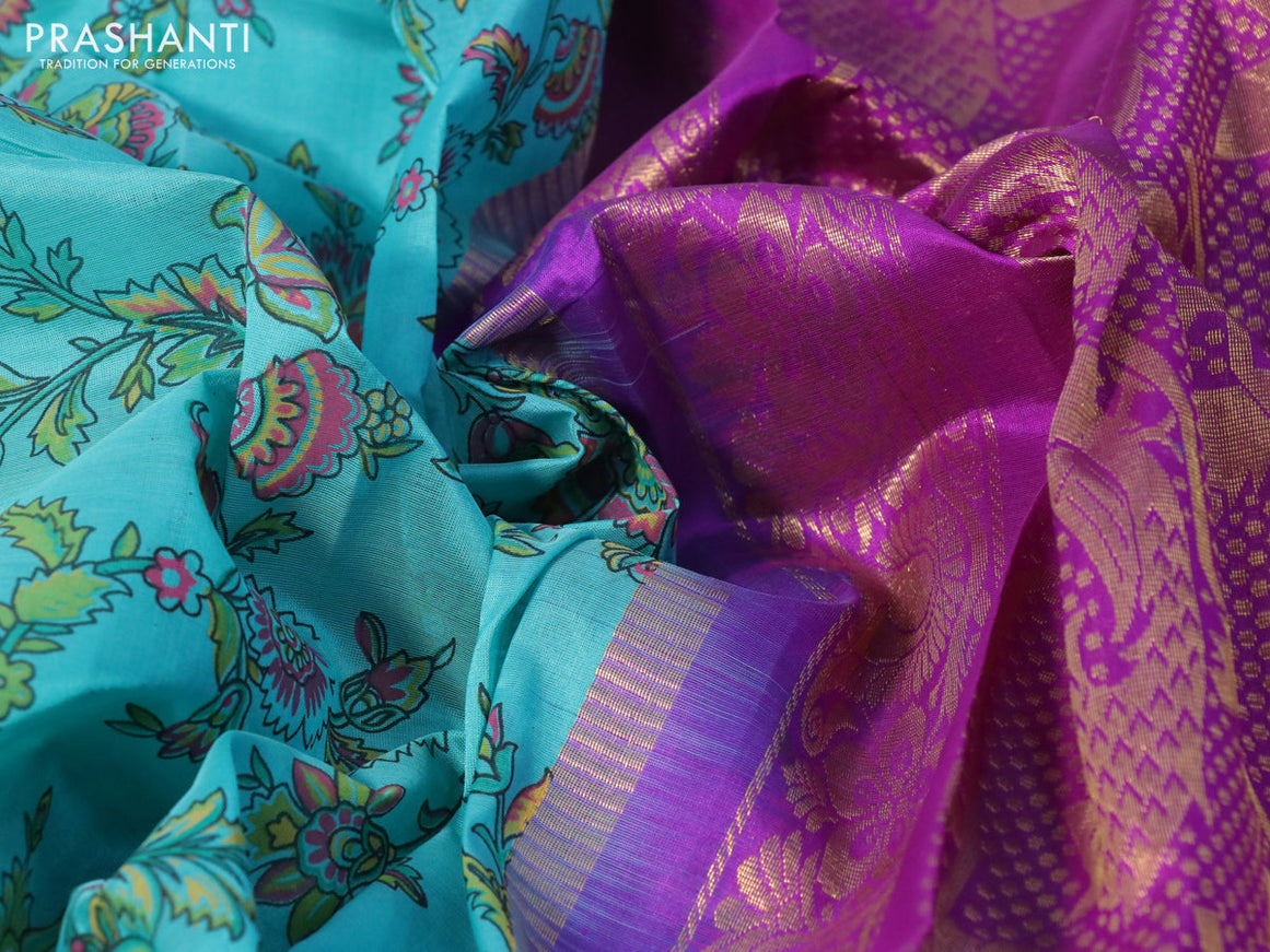 Silk cotton saree light blue and purple with allover kalamkari prints and temple deisgn zari woven simple border