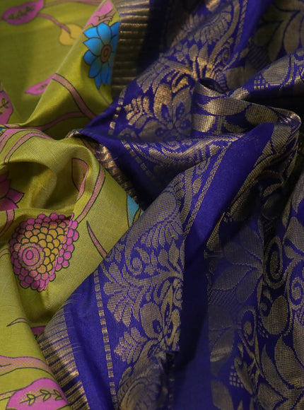 Silk cotton saree lime green and blue with allover kalamkari prints and temple deisgn zari woven simple border