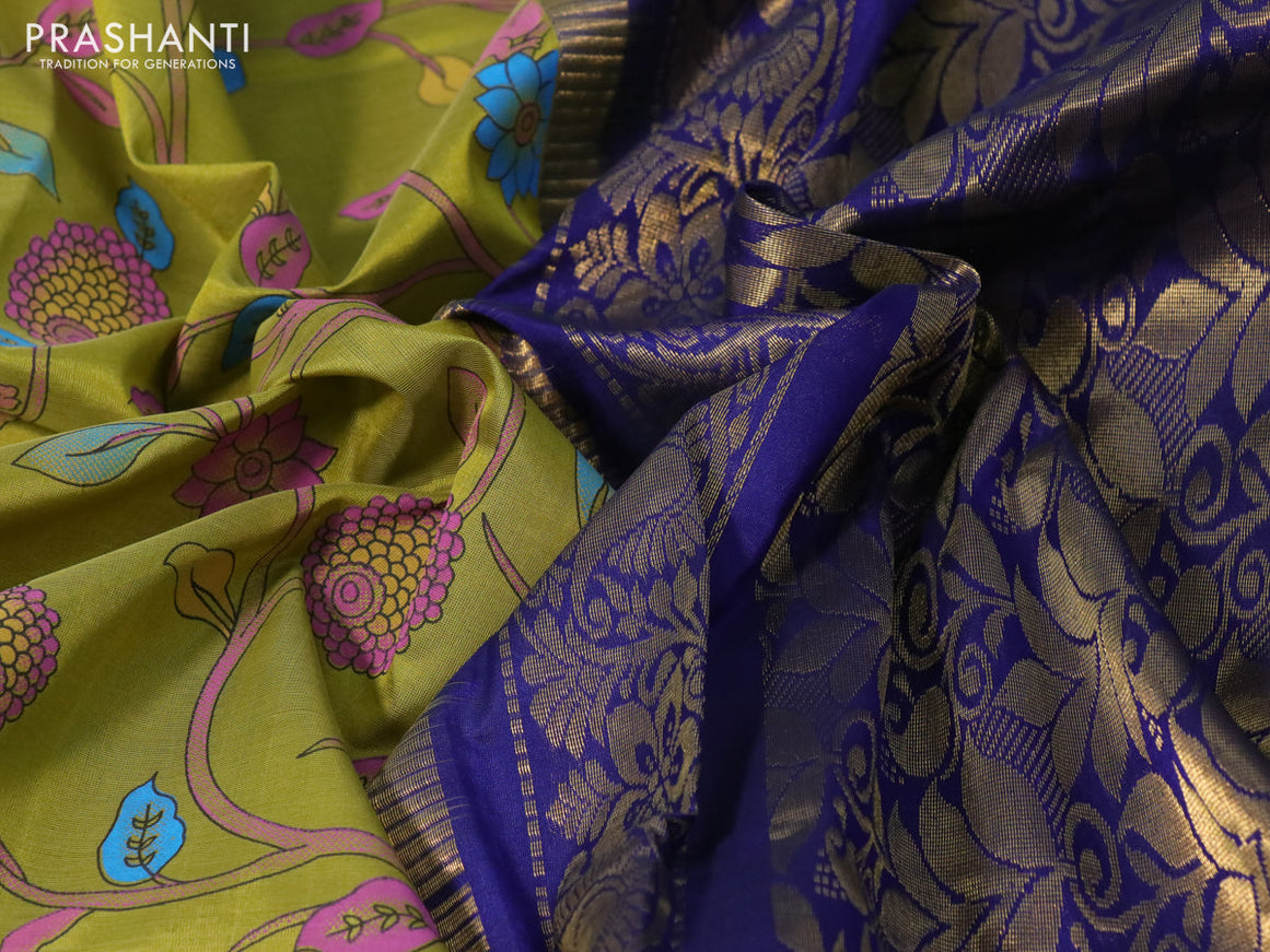 Silk cotton saree lime green and blue with allover kalamkari prints and temple deisgn zari woven simple border