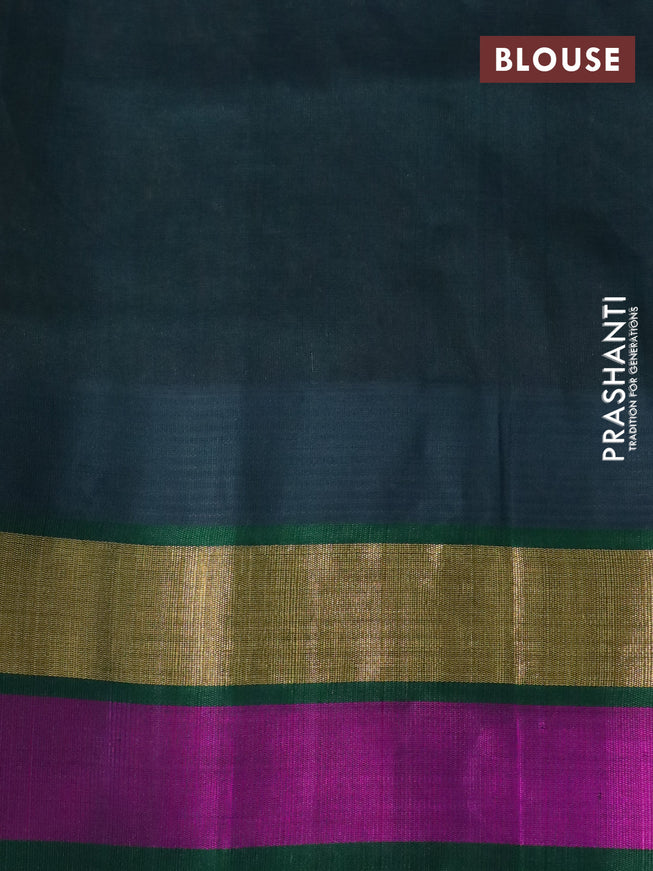 Silk cotton saree pale orange and green with allover kalamkari prints and temple deisgn zari woven simple border