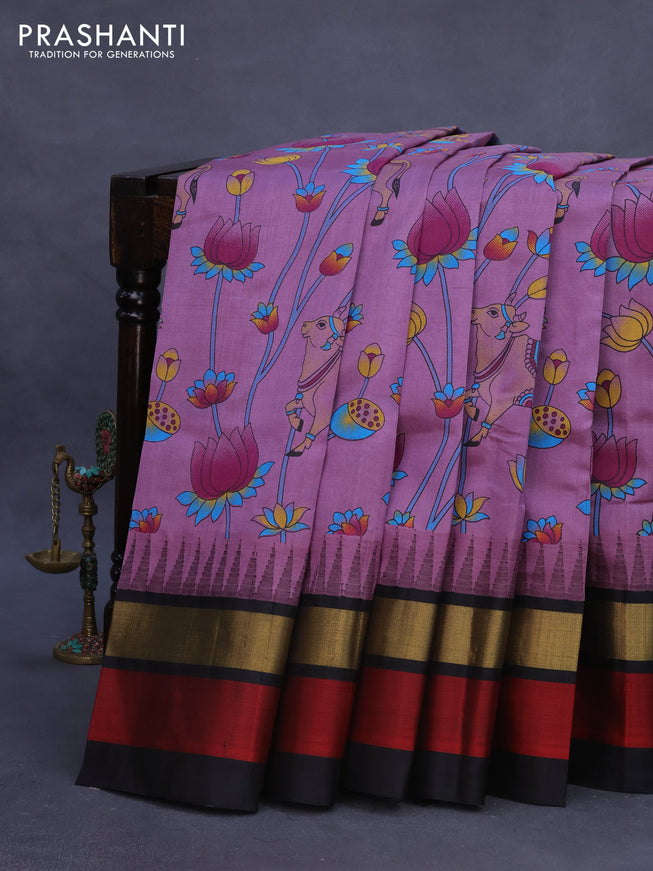 Silk cotton saree mild purple and black with allover kalamkari prints and temple deisgn zari woven simple border