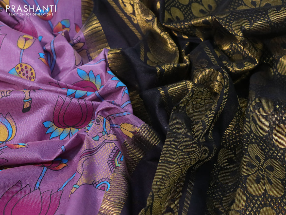 Silk cotton saree mild purple and black with allover kalamkari prints and temple deisgn zari woven simple border