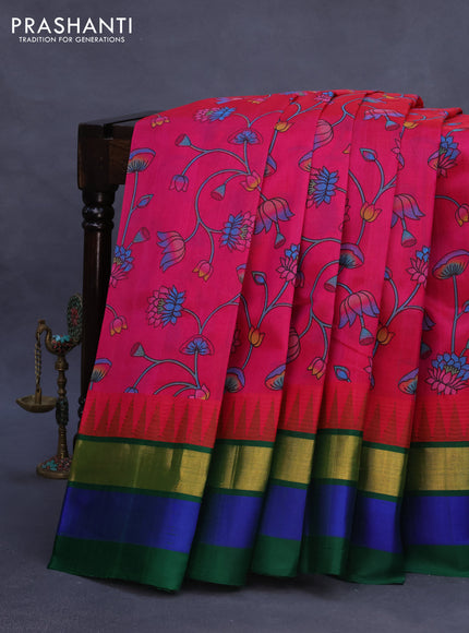 Silk cotton saree pink and green with allover kalamkari prints and temple deisgn zari woven simple border