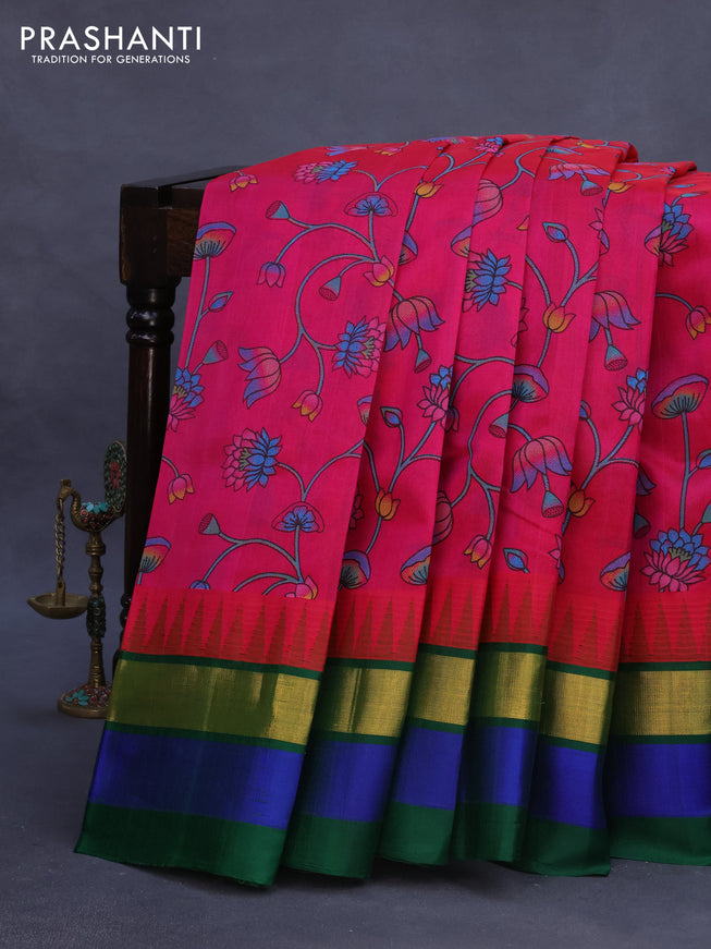 Silk cotton saree pink and green with allover kalamkari prints and temple deisgn zari woven simple border