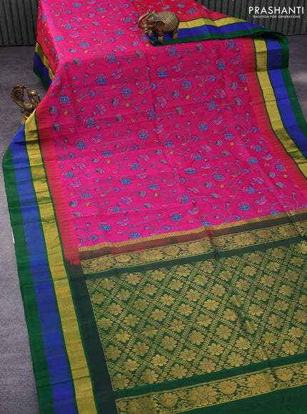 Silk cotton saree pink and green with allover kalamkari prints and temple deisgn zari woven simple border