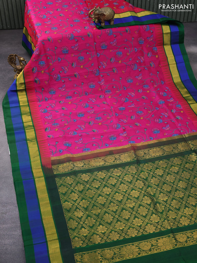 Silk cotton saree pink and green with allover kalamkari prints and temple deisgn zari woven simple border