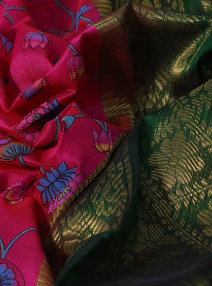 Silk cotton saree pink and green with allover kalamkari prints and temple deisgn zari woven simple border