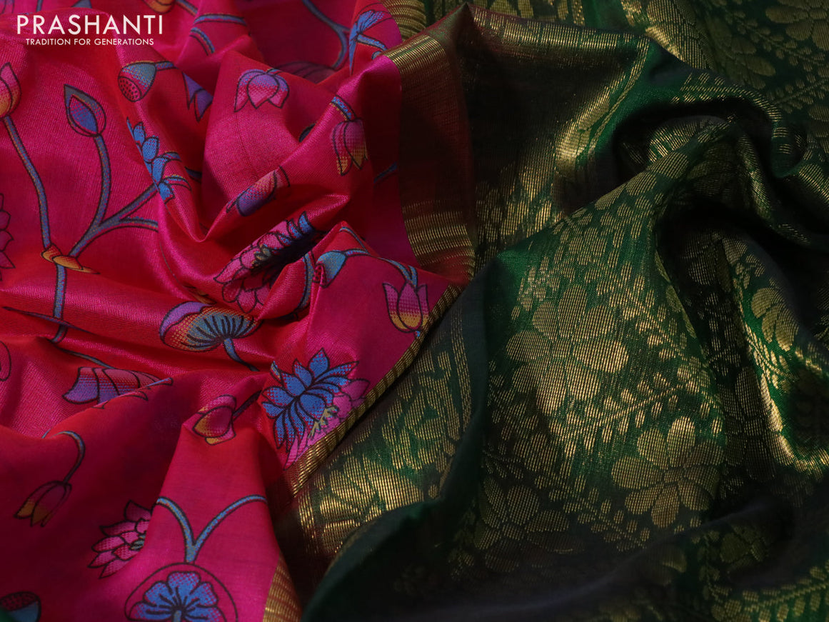 Silk cotton saree pink and green with allover kalamkari prints and temple deisgn zari woven simple border