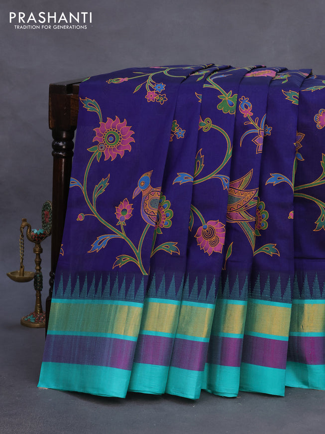 Silk cotton saree blue and teal blue with allover kalamkari prints and temple deisgn zari woven simple border