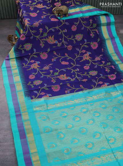 Silk cotton saree blue and teal blue with allover kalamkari prints and temple deisgn zari woven simple border