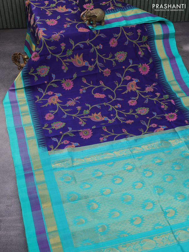 Silk cotton saree blue and teal blue with allover kalamkari prints and temple deisgn zari woven simple border