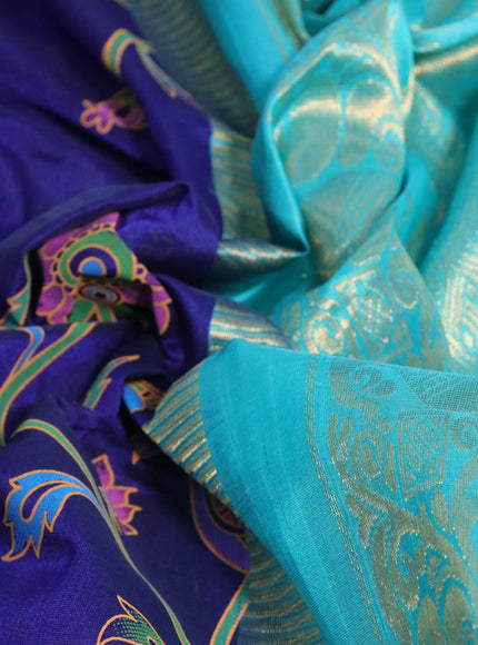 Silk cotton saree blue and teal blue with allover kalamkari prints and temple deisgn zari woven simple border