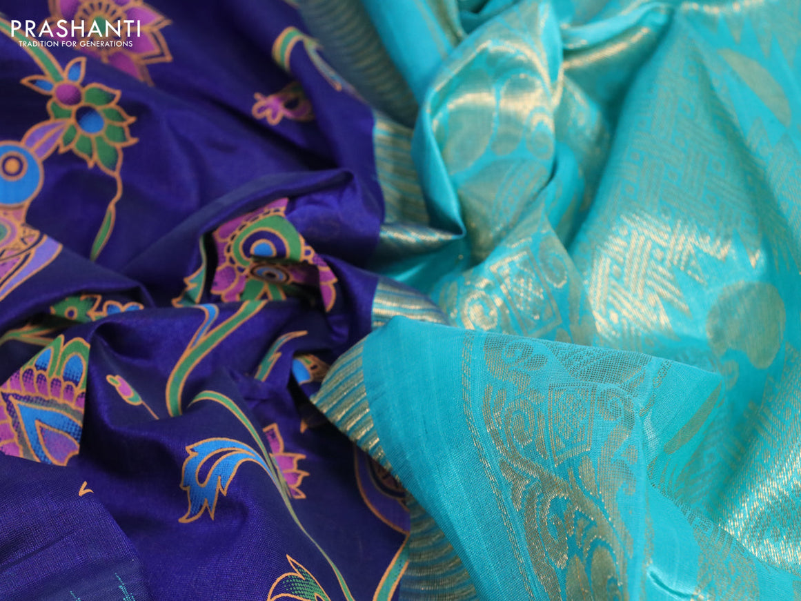 Silk cotton saree blue and teal blue with allover kalamkari prints and temple deisgn zari woven simple border