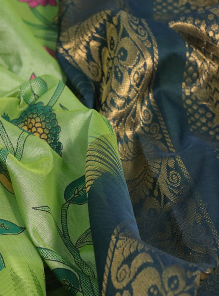 Silk cotton saree pastel green and dark green with allover kalamkari prints and temple deisgn zari woven simple border