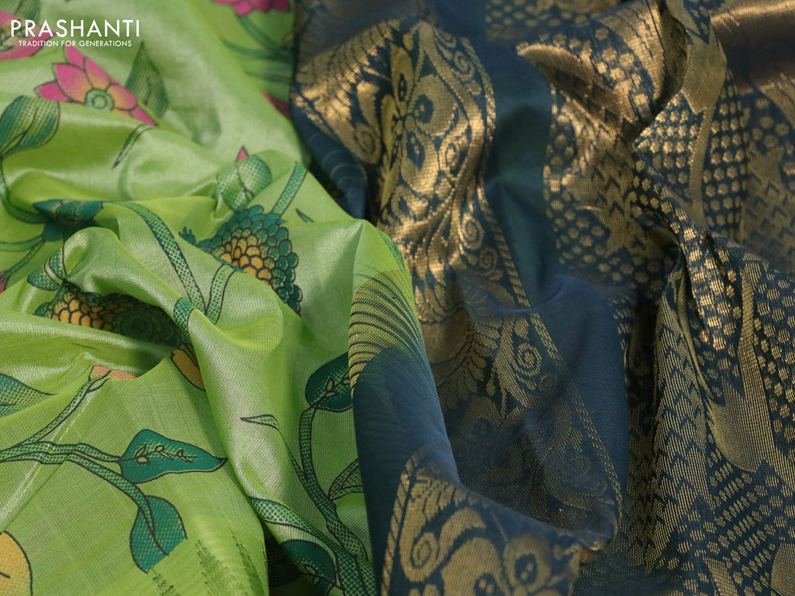 Silk cotton saree pastel green and dark green with allover kalamkari prints and temple deisgn zari woven simple border