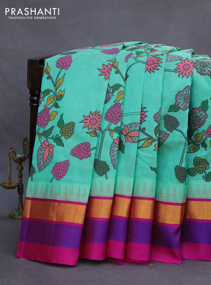 Silk cotton saree teal blue and magenta pink with allover kalamkari prints and temple deisgn zari woven simple border