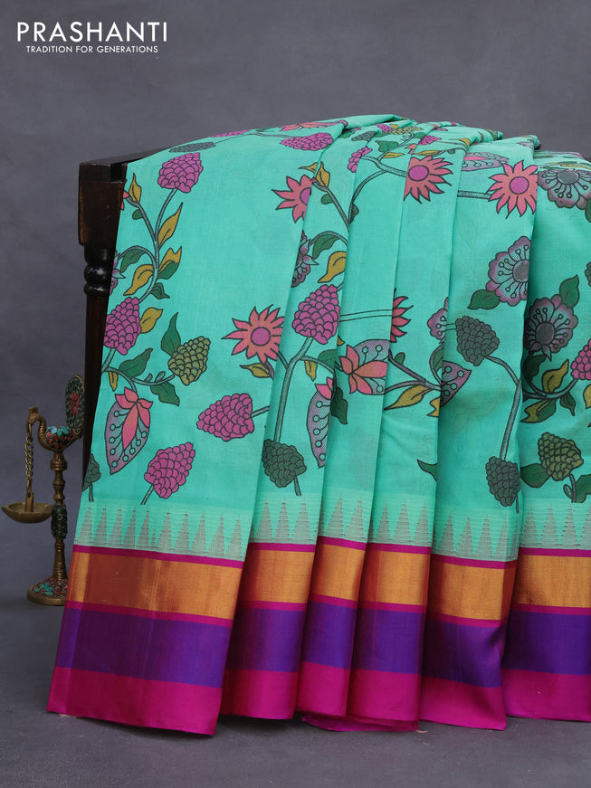 Silk cotton saree teal blue and magenta pink with allover kalamkari prints and temple deisgn zari woven simple border