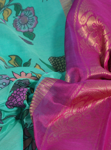 Silk cotton saree teal blue and magenta pink with allover kalamkari prints and temple deisgn zari woven simple border