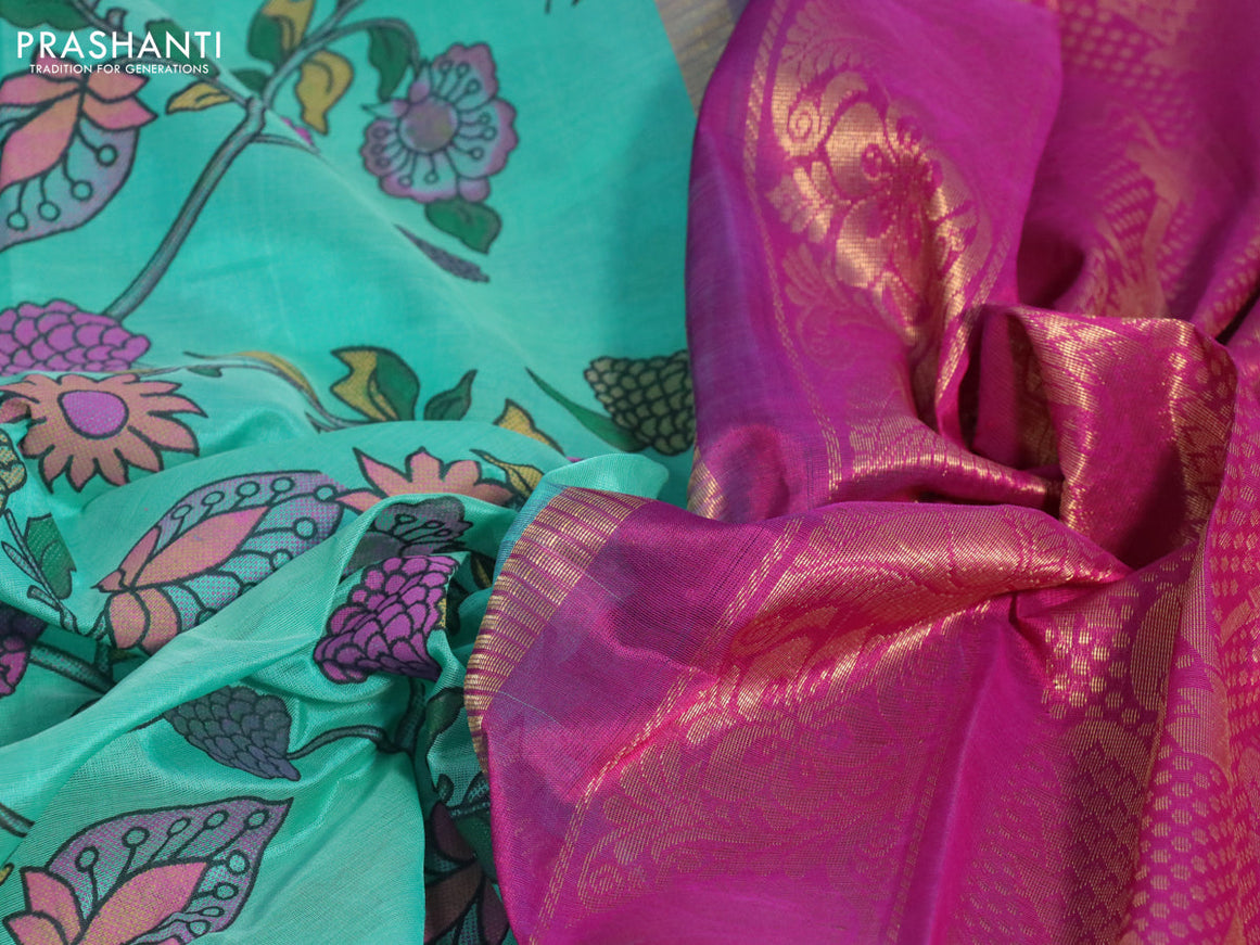 Silk cotton saree teal blue and magenta pink with allover kalamkari prints and temple deisgn zari woven simple border