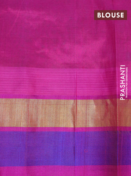 Silk cotton saree teal blue and magenta pink with allover kalamkari prints and temple deisgn zari woven simple border