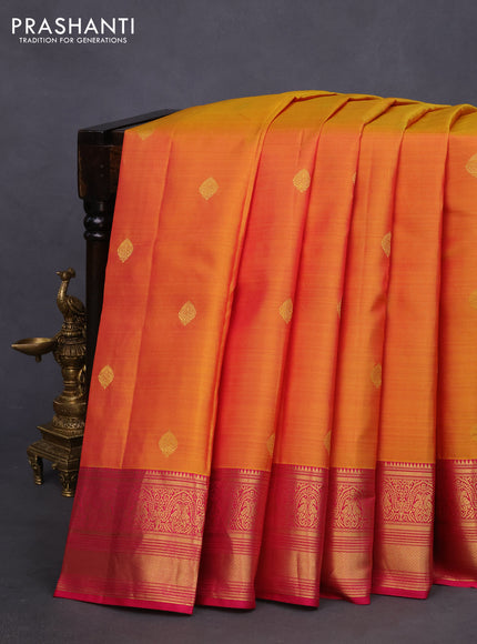 Pure kanchipuram silk saree dual shade of yellowish pink and pink with zari woven buttas and zari woven border