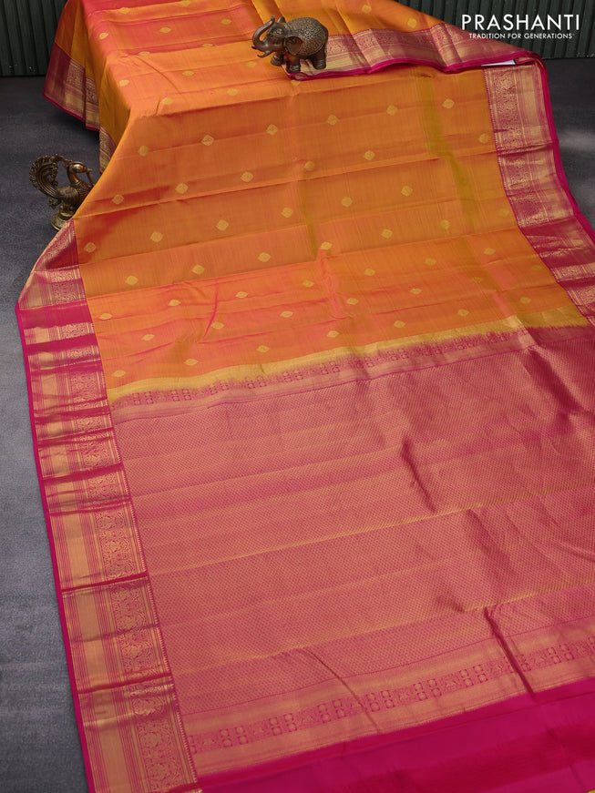 Pure kanchipuram silk saree dual shade of yellowish pink and pink with zari woven buttas and zari woven border