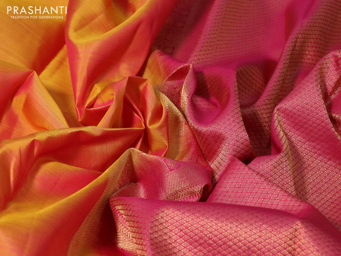 Pure kanchipuram silk saree dual shade of yellowish pink and pink with zari woven buttas and zari woven border