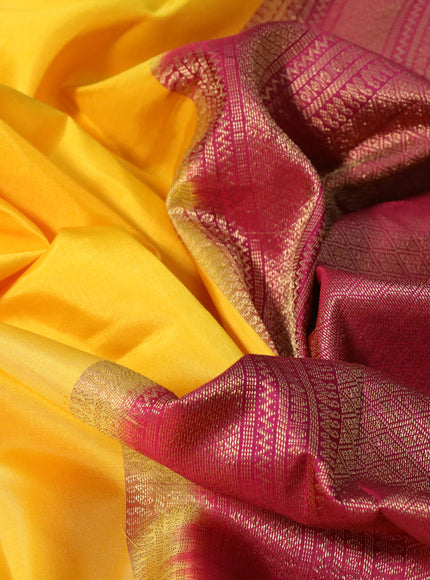 Pure kanchipuram silk saree mango yellow and dark magenta pink with zari woven buttas and zari woven korvai border