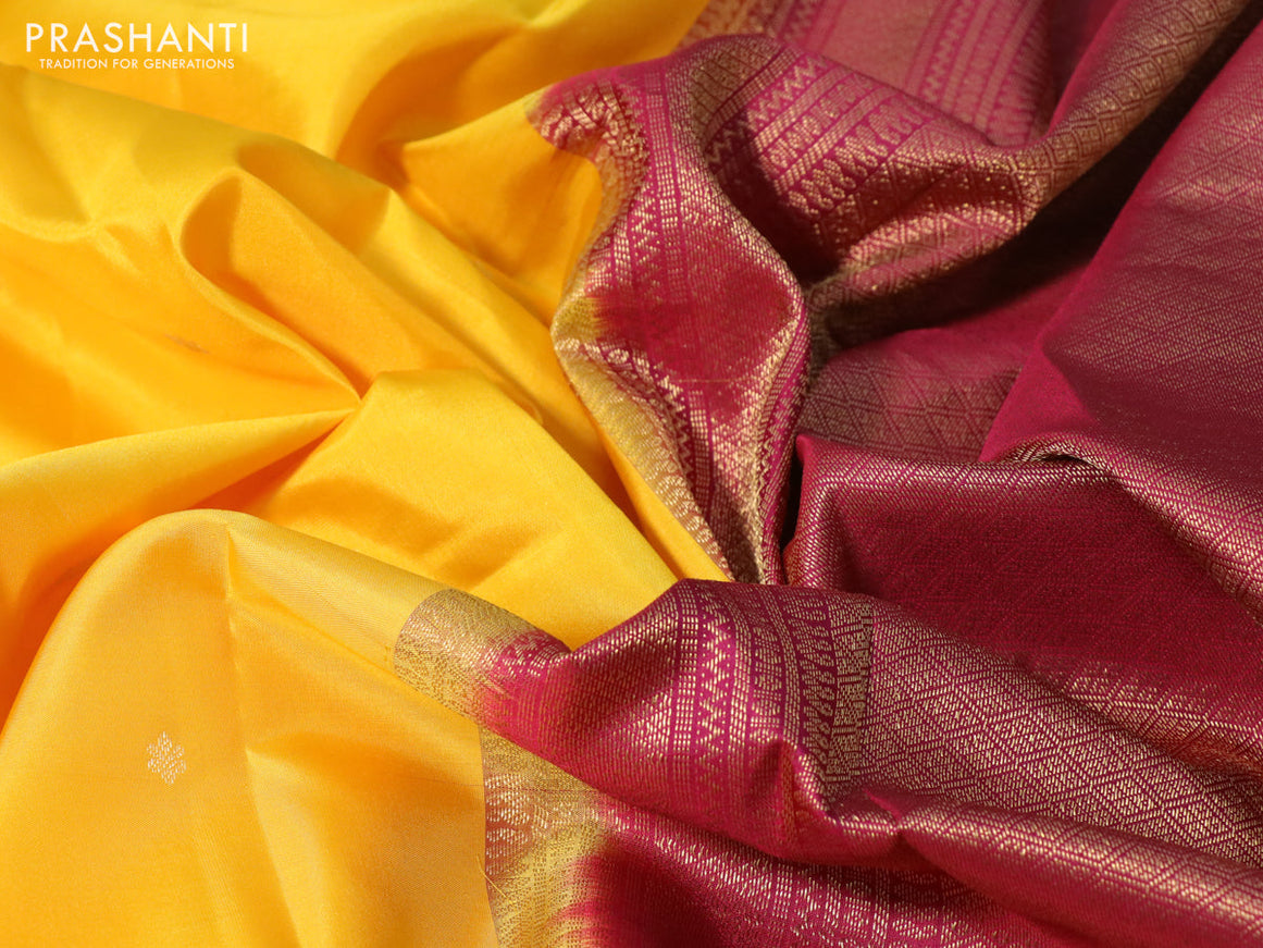 Pure kanchipuram silk saree mango yellow and dark magenta pink with zari woven buttas and zari woven korvai border