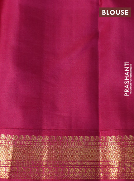 Pure kanchipuram silk saree mango yellow and dark magenta pink with zari woven buttas and zari woven korvai border