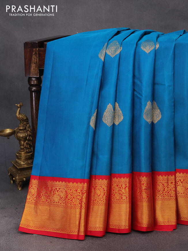 Pure kanchipuram silk saree cs blue and red with zari woven buttas and zari woven korvai border