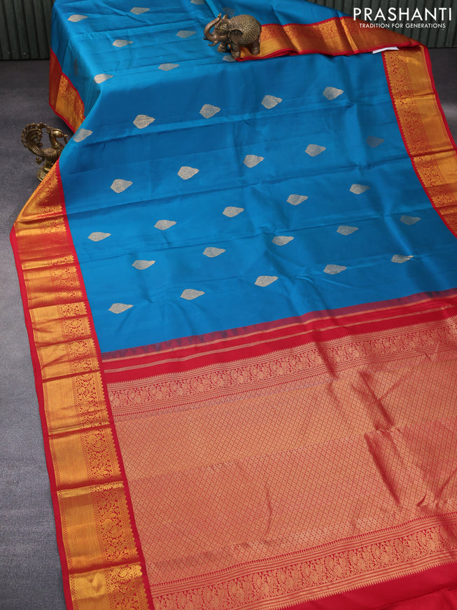 Pure kanchipuram silk saree cs blue and red with zari woven buttas and zari woven korvai border