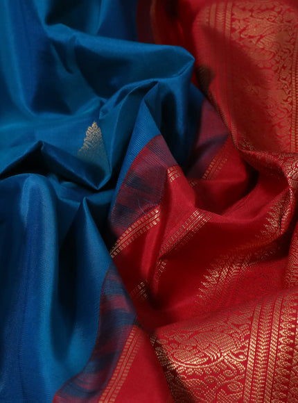 Pure kanchipuram silk saree cs blue and red with zari woven buttas and zari woven korvai border