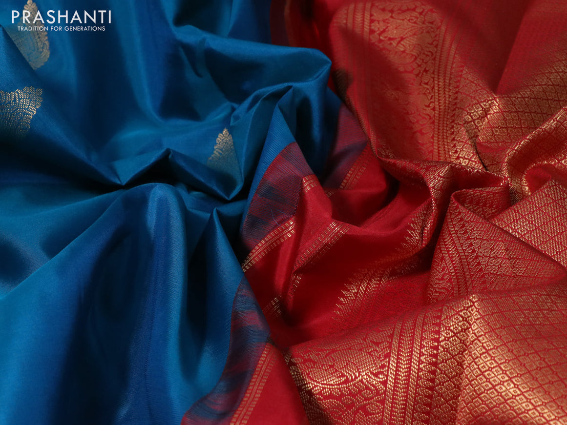 Pure kanchipuram silk saree cs blue and red with zari woven buttas and zari woven korvai border