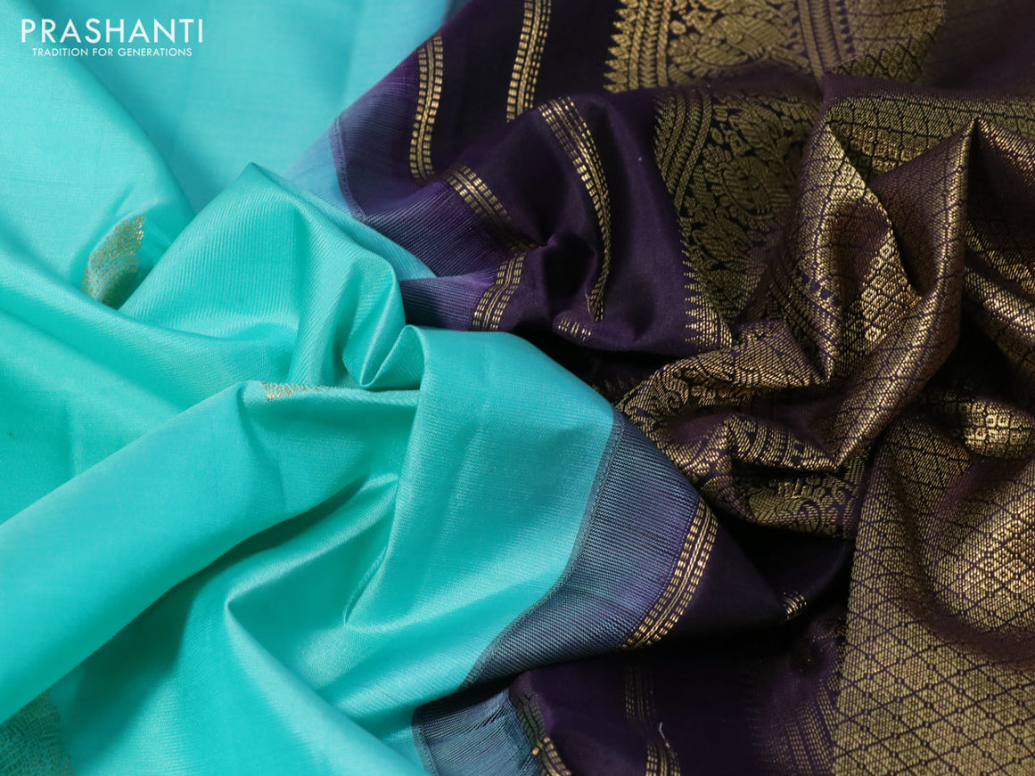 Pure kanchipuram silk saree teal green shade and jamun shade with zari woven buttas and zari woven korvai border