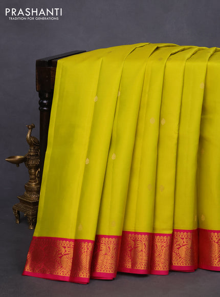 Pure kanchipuram silk saree lime yellow and pink with zari woven buttas and annam zari woven korvai border