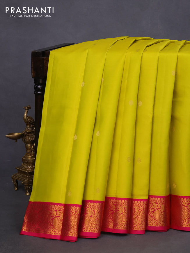 Pure kanchipuram silk saree lime yellow and pink with zari woven buttas and annam zari woven korvai border